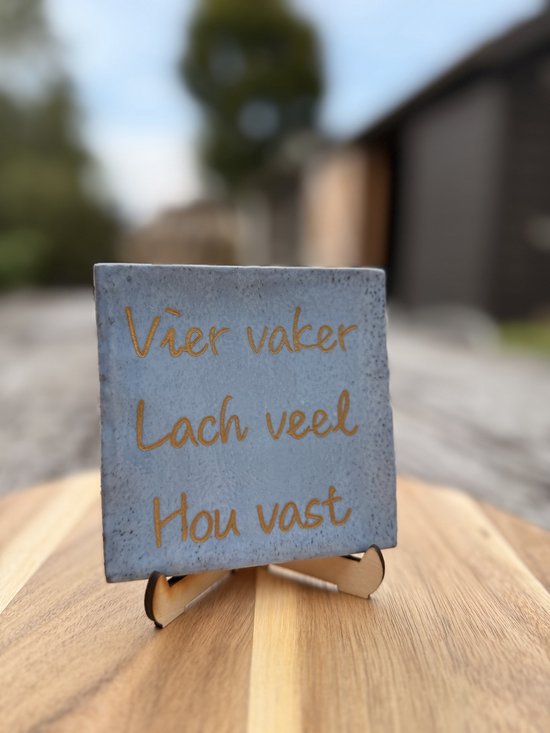 Tegeltje met tekst "Vier vaker lach veel"